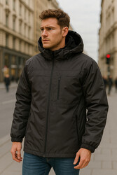 Remsa - Erkek Kapüşonlu Cep Detaylı İçi Polar Kışlık Mont 2540 Siyah
