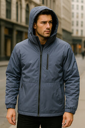 Remsa - Erkek Kapüşonlu Cep Detaylı İçi Polar Kışlık Mont 2571 Füme