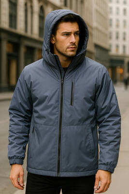 Remsa - Erkek Kapüşonlu Cep Detaylı İçi Polar Kışlık Mont 2571 Füme