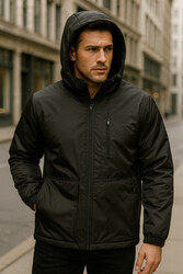 Remsa - Erkek Kapüşonlu Cep Detaylı İçi Polar Kışlık Mont 2571 Siyah