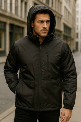 Remsa - Erkek Kapüşonlu Cep Detaylı İçi Polar Kışlık Mont 2571 Siyah