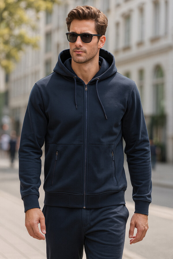 Erkek Kapüşonlu Tek Üst Ceket REU-25723 Lacivert - Thumbnail