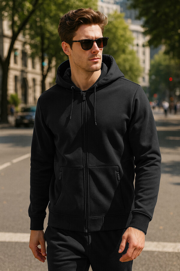 Erkek Kapüşonlu Tek Üst Ceket REU-25723 Siyah - Thumbnail