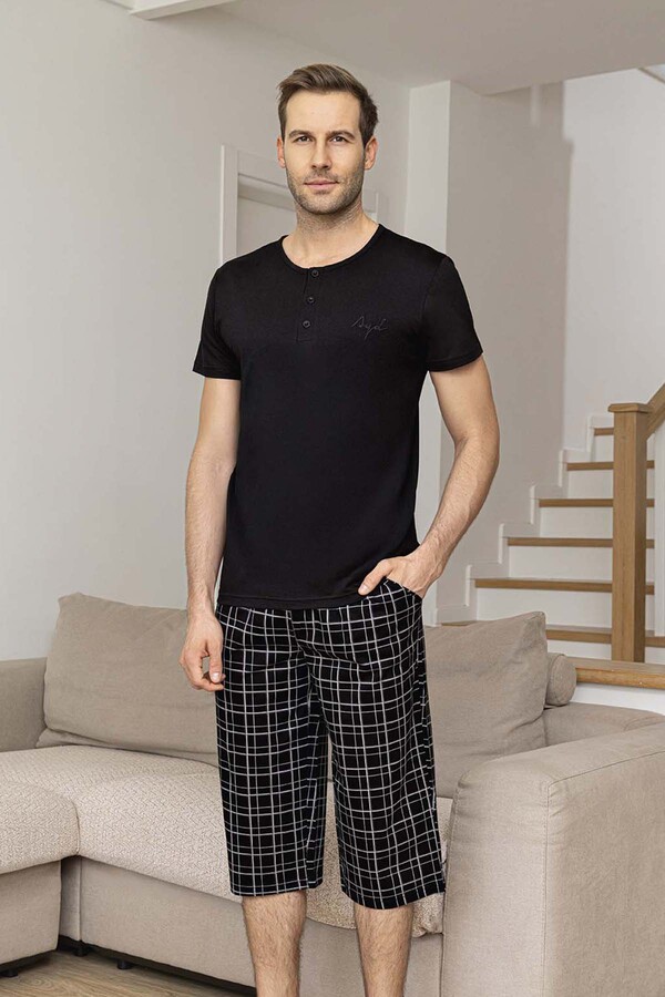 Erkek Kısa Kol Kaprili Modal Pijama Takımı 260030 Siyah02 - Thumbnail