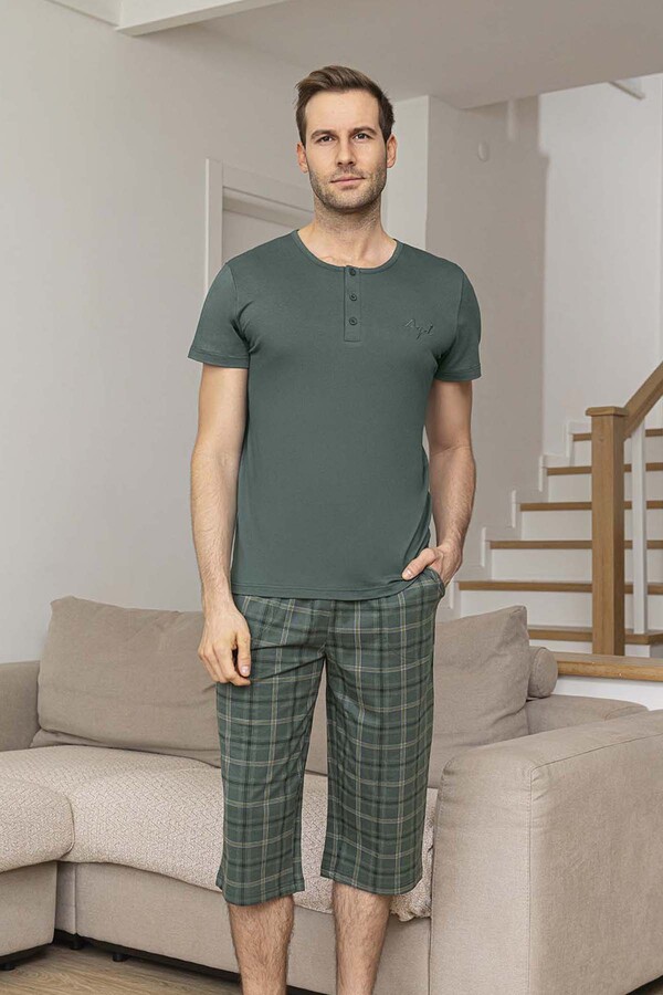 Erkek Kısa Kol Kaprili Modal Pijama Takımı 260032 Açık Haki - Thumbnail