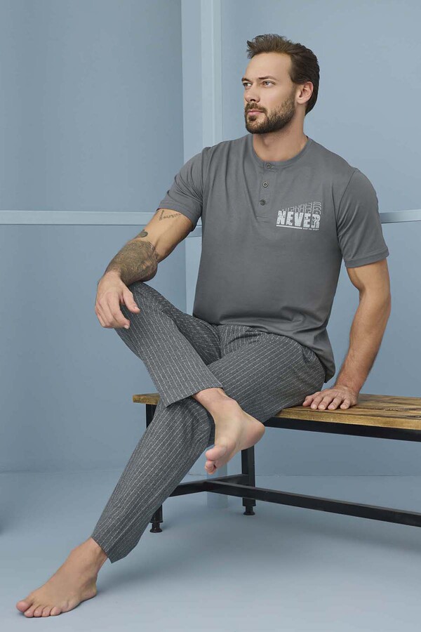 Erkek Kısa Kol Pamuklu Pijama Takımı 7966 Antrasit01 - Thumbnail