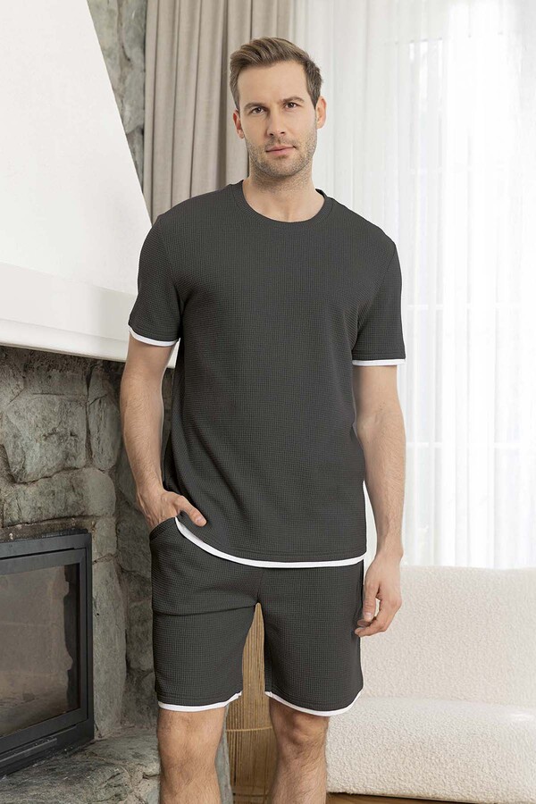 Erkek Kısa Kol Şort Biye Detay Waffle Kumaş Pijama Takımı 260104 Antrasit - Thumbnail