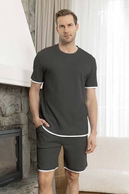 Aydoğan - Erkek Kısa Kol Şort Biye Detay Waffle Kumaş Pijama Takımı 260104 Antrasit