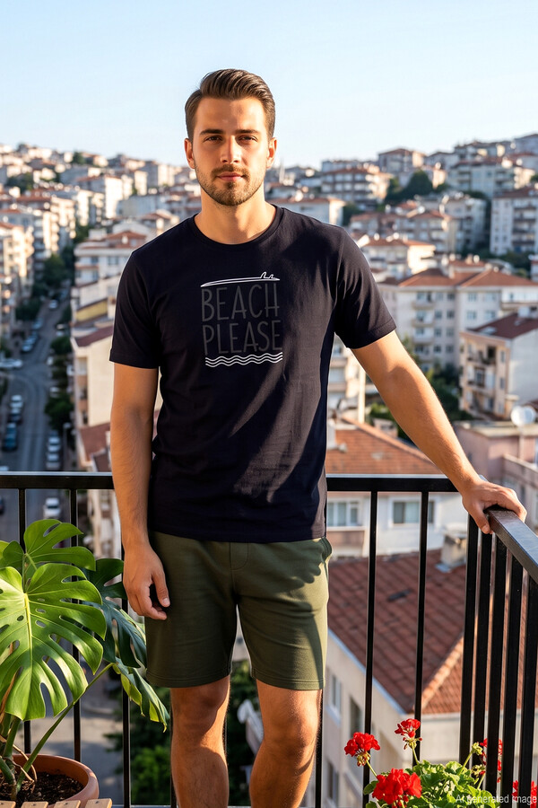 Erkek Kısa Kol Yeşil Şortlu Pijama Takımı 4348 Laci03 - Thumbnail