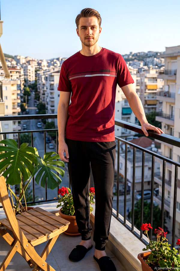 Erkek Önü Baskılı Kısa Kol Pijama Takımı 2332 Koyu Bordo - Thumbnail