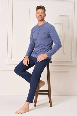 Remsa - Erkek Pamuk Uzun Kol Pijama Takımı 4103 İndigo