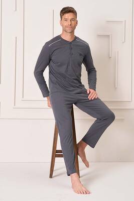 Remsa - Erkek Pamuk Uzun Kol Pijama Takımı 4108 Füme