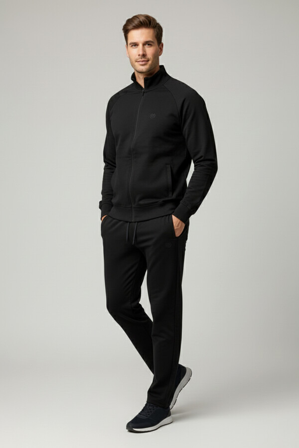 Erkek Pamuklu Fermuarlı Eşofman Takımı 7018 Siyah - Thumbnail