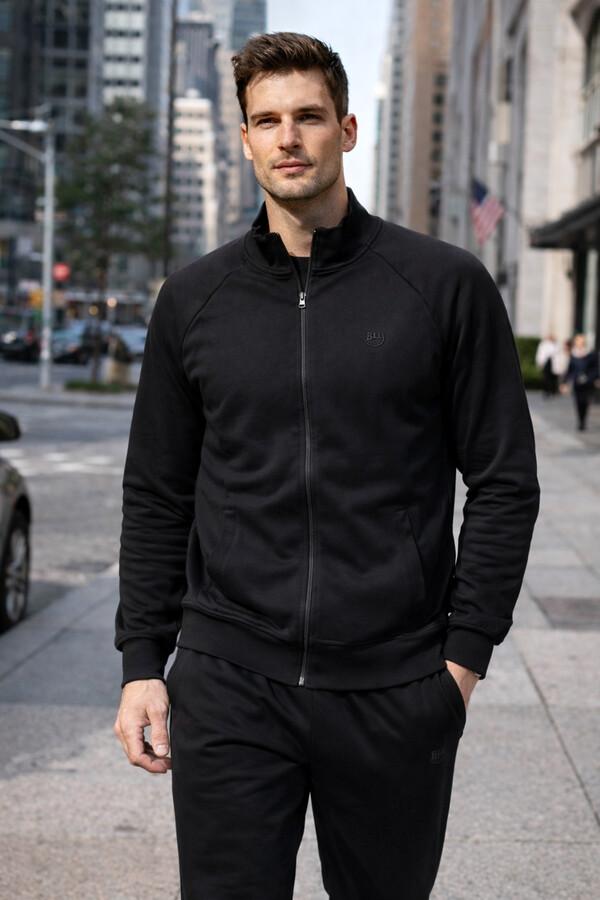 Erkek Pamuklu Fermuarlı Eşofman Takımı 7018 Siyah - Thumbnail