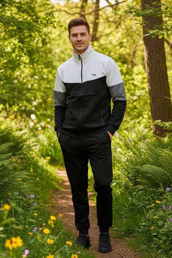 Erkek Pamuklu Fermuarlı Eşofman Takımı 8023 Siyah - Thumbnail