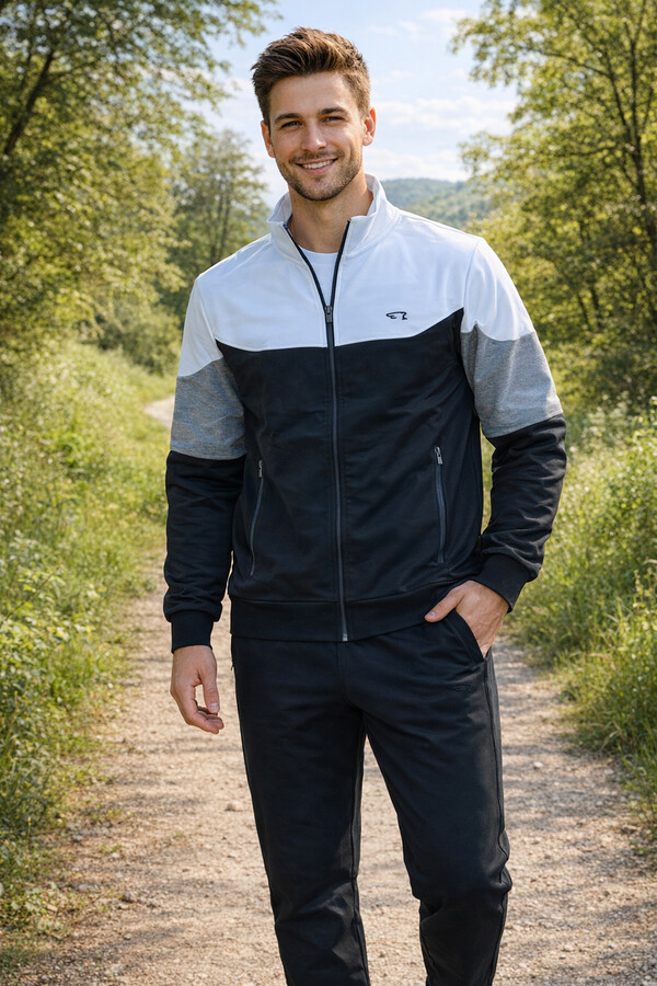 Erkek Pamuklu Fermuarlı Eşofman Takımı 8023 Siyah - Thumbnail