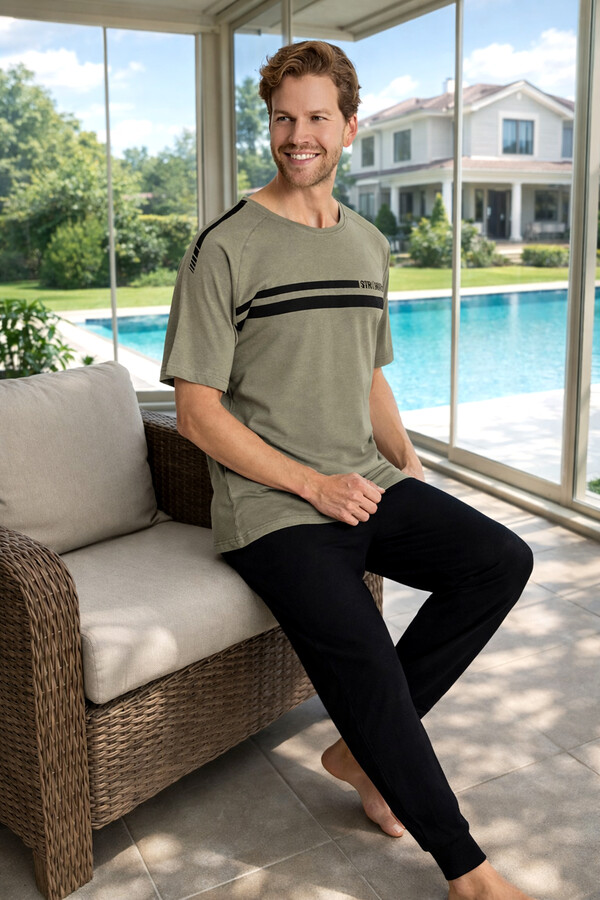 Erkek Penye Kısa Kol Pijama Takımı 2334 Haki - Thumbnail