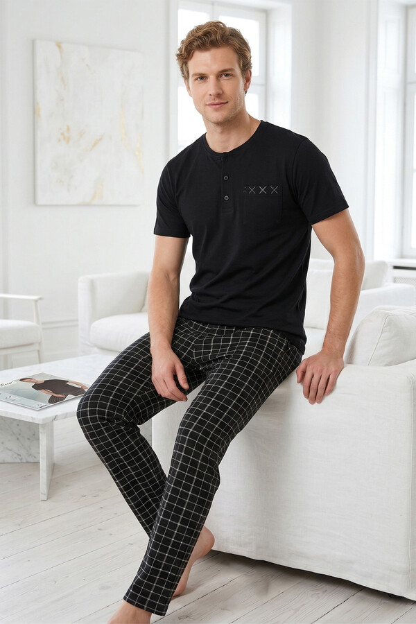 Erkek Penye Kısa Kol Pijama Takımı 2343 Siyah01 - Thumbnail