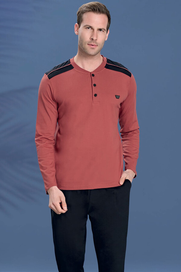 Erkek Penye Uzun Kol Düğmeli Pijama Takımı 2227 Bordo02 - Thumbnail