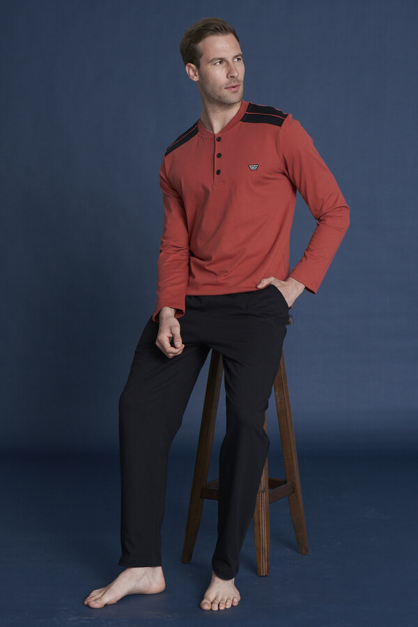 Erkek Penye Uzun Kol Düğmeli Pijama Takımı 2227 Bordo02 - Thumbnail