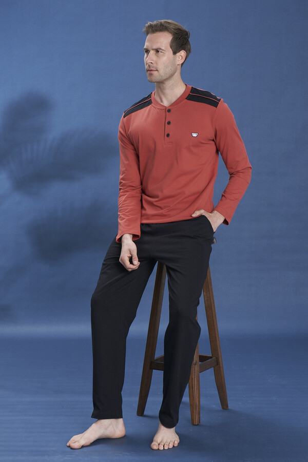 Erkek Penye Uzun Kol Düğmeli Pijama Takımı 2227 Bordo02 - Thumbnail