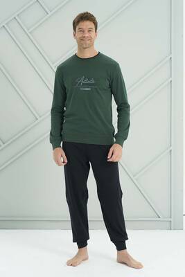 Remsa - Erkek Penye Uzun Kol Pijama Takımı 2224 Koyu Yeşil