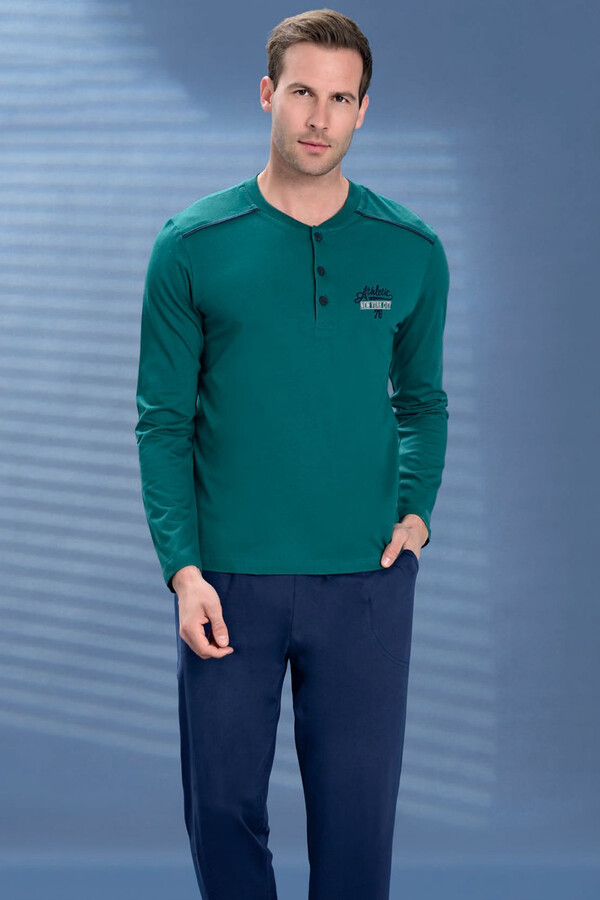 Erkek Penye Yarım Düğme Detay Uzun Kol Pijama Takımı 2102 Yeşil04 - Thumbnail