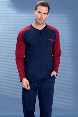 Remsa - Erkek Penye Yarım Düğme Detay Uzun Kol Pijama Takımı 2120 Laci12