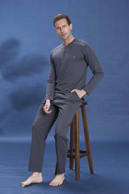 Remsa - Erkek Penye Yarım Düğme Detay Uzun Kol Pijama Takımı 2123 Füme