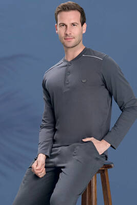 Remsa - Erkek Penye Yarım Düğme Detay Uzun Kol Pijama Takımı 2123 Füme (1)