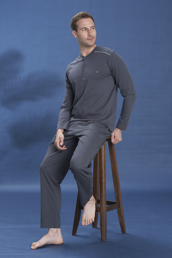 Erkek Penye Yarım Düğme Detay Uzun Kol Pijama Takımı 2123 Füme - Thumbnail