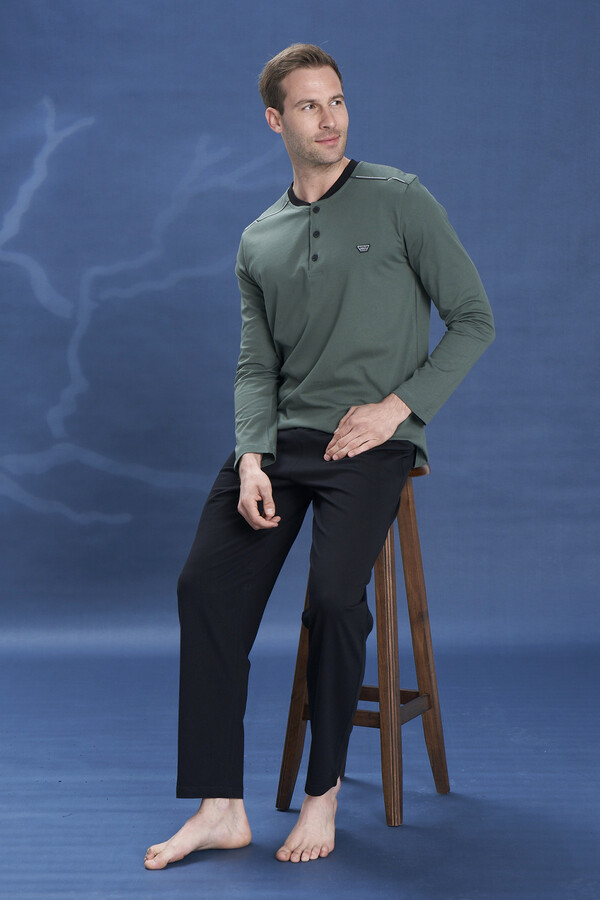 Erkek Penye Yarım Düğme Detay Uzun Kol Pijama Takımı 2127 Haki - Thumbnail