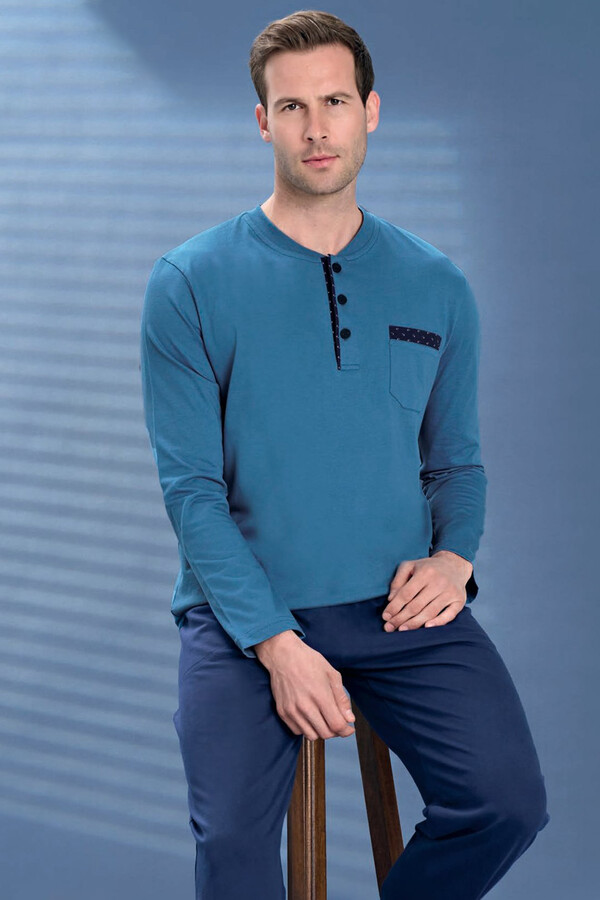 Erkek Penye Yarım Düğme Detay Uzun Kol Pijama Takımı 2129 Petrol07 - Thumbnail