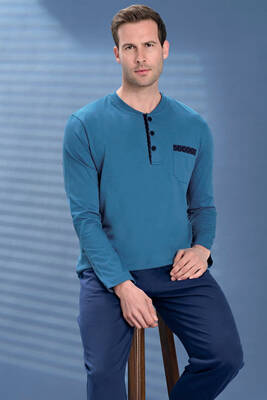 Remsa - Erkek Penye Yarım Düğme Detay Uzun Kol Pijama Takımı 2129 Petrol07 (1)