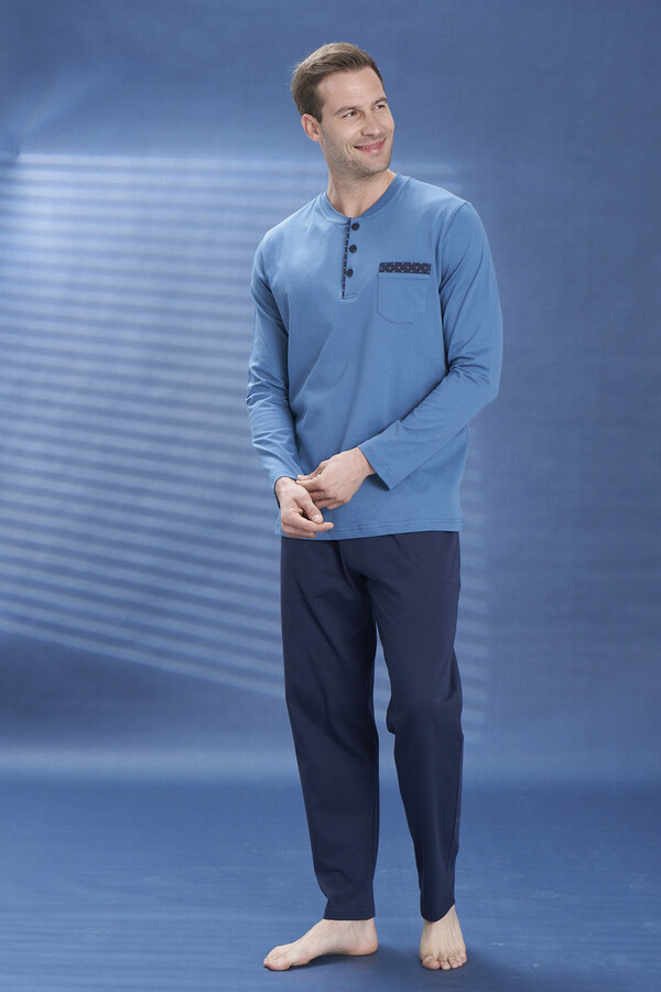 Erkek Penye Yarım Düğme Detay Uzun Kol Pijama Takımı 2129 Petrol07 - Thumbnail