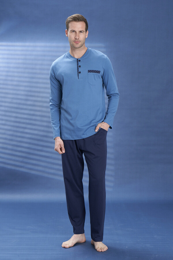 Erkek Penye Yarım Düğme Detay Uzun Kol Pijama Takımı 2129 Petrol07 - Thumbnail