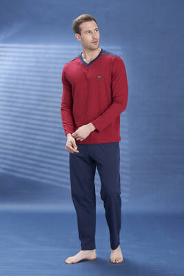 Remsa - Erkek Penye Yarım V Yaka Detay Uzun Kol Pijama Takımı 2113 Bordo04