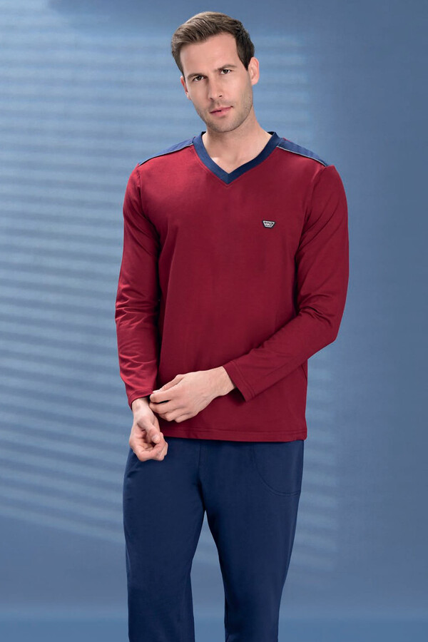 Erkek Penye Yarım V Yaka Detay Uzun Kol Pijama Takımı 2113 Bordo04 - Thumbnail