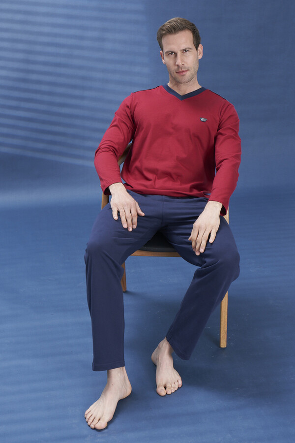 Erkek Penye Yarım V Yaka Detay Uzun Kol Pijama Takımı 2113 Bordo04 - Thumbnail