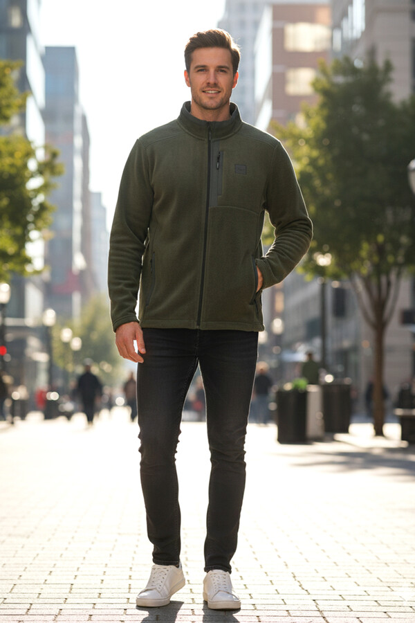 Erkek Polar Önü Fermuarlı Tek Üst Ceket 9527 Haki - Thumbnail