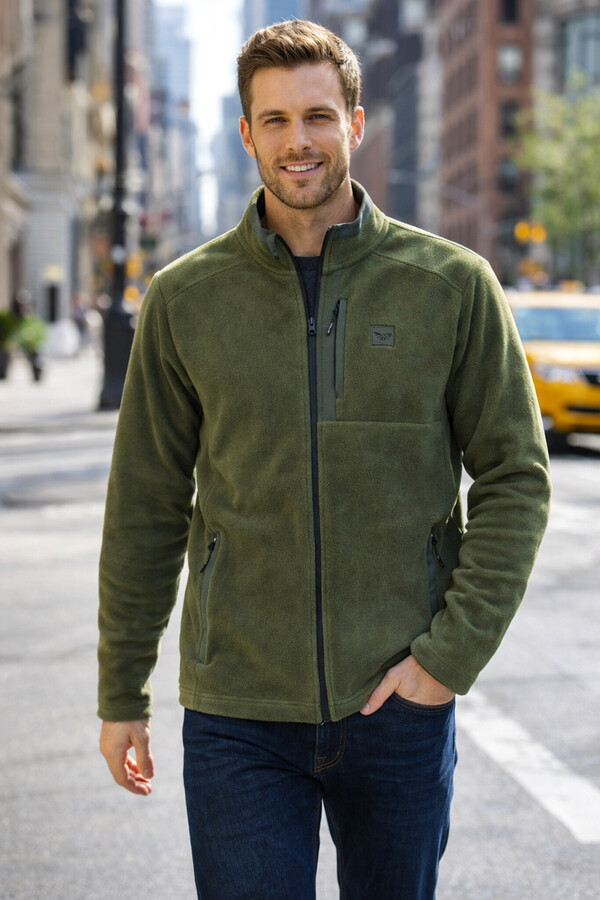 Erkek Polar Önü Fermuarlı Tek Üst Ceket 9527 Haki - Thumbnail