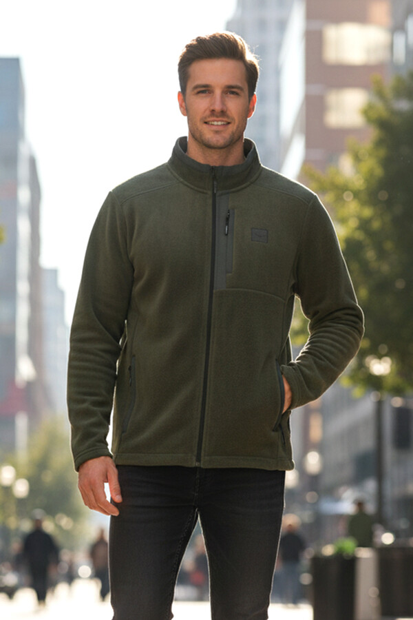 Erkek Polar Önü Fermuarlı Tek Üst Ceket 9527 Haki - Thumbnail