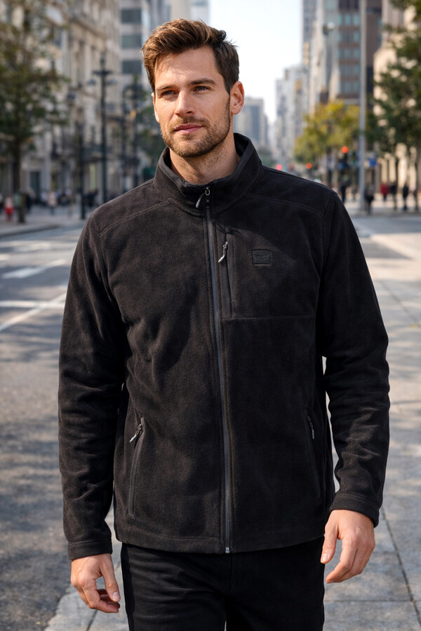 Erkek Polar Önü Fermuarlı Tek Üst Ceket 9527 Siyah - Thumbnail