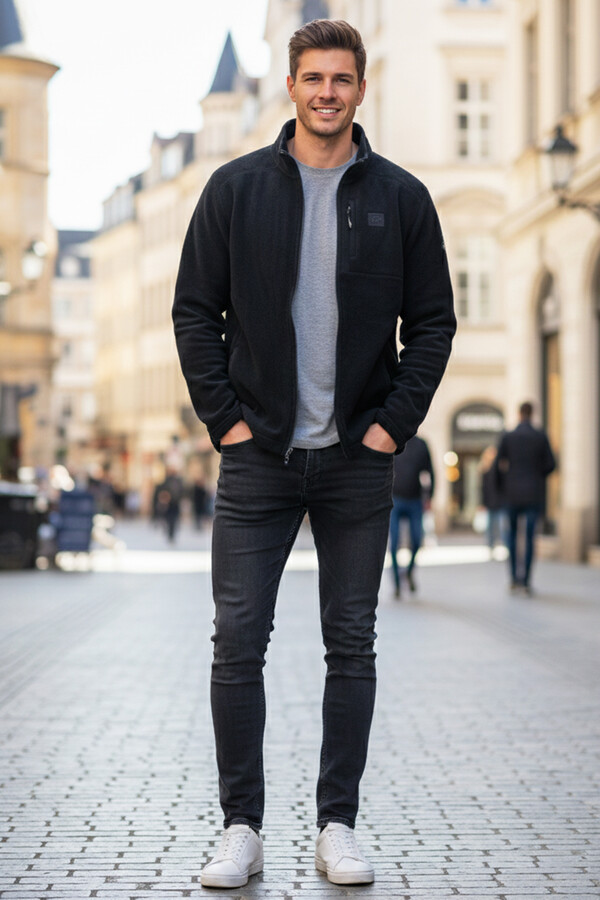 Erkek Polar Önü Fermuarlı Tek Üst Ceket 9527 Siyah - Thumbnail