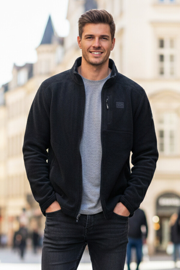 Erkek Polar Önü Fermuarlı Tek Üst Ceket 9527 Siyah - Thumbnail