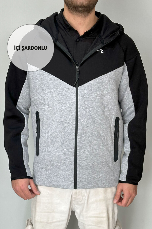 Erkek Şardonlu Kapüşonlu Tek Üst 7099 Siyah - Thumbnail