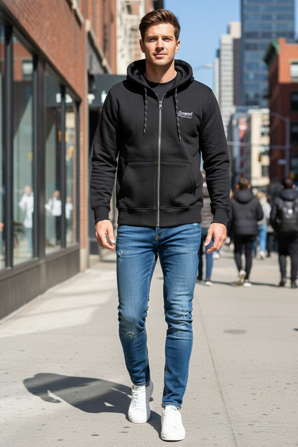 Erkek Üç İplik Şardonlu Pamuklu Önü Fermuarlı Kapüşonlu Tek Üst Ceket 0317 Siyah - Thumbnail