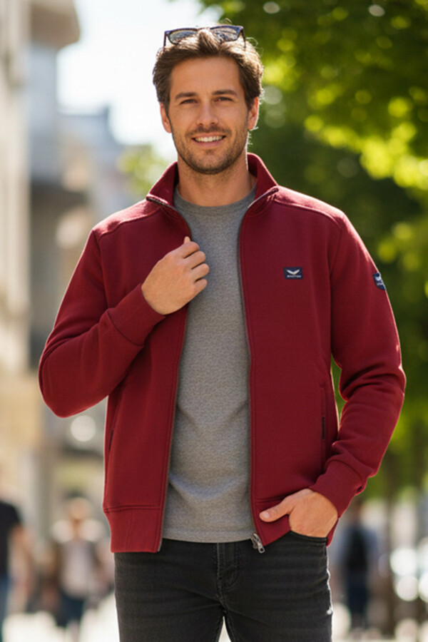 Erkek Üç İplik Şardonlu Pamuklu Önü Fermuarlı Tek Üst Ceket 0347 Bordo - Thumbnail