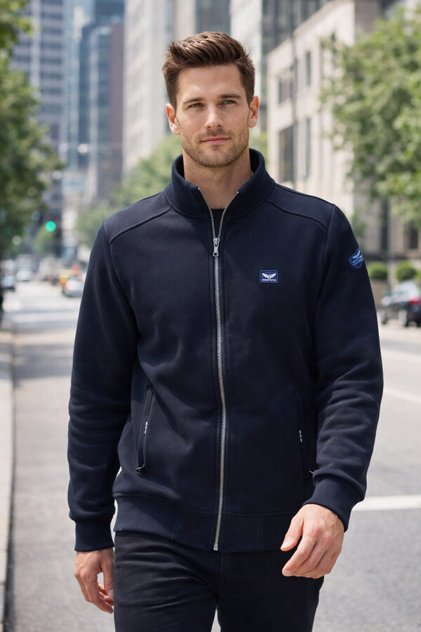 Erkek Üç İplik Şardonlu Pamuklu Önü Fermuarlı Tek Üst Ceket 0347 Koyu Lacivert - Thumbnail