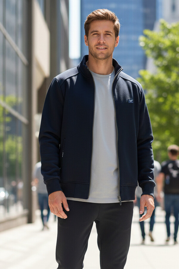 Erkek Üç İplik Şardonlu Pamuklu Önü Fermuarlı Tek Üst Ceket 0347 Koyu Lacivert - Thumbnail